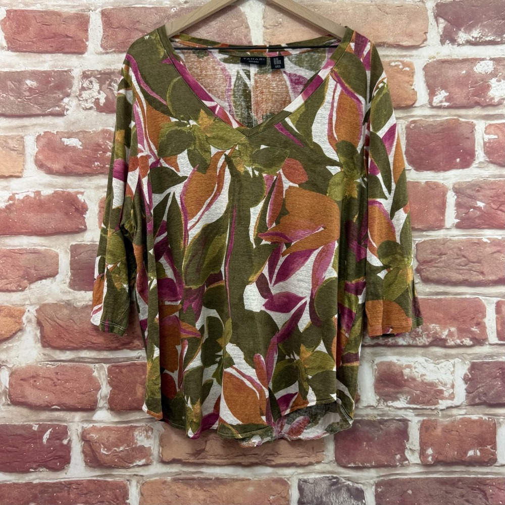 Tahari T Shirt Women's 2X Multicolor 100% Linen Tropical Floral Casual Top